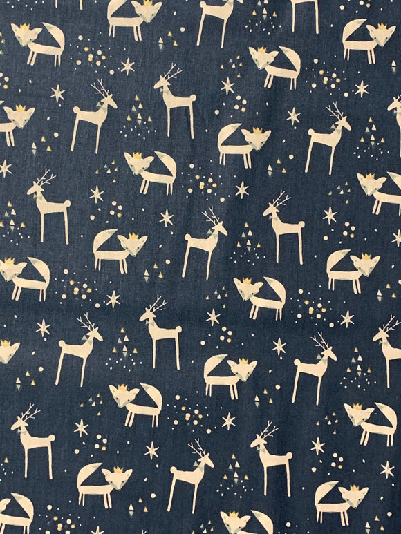 Navy Reindeer & Fox Print Fabric